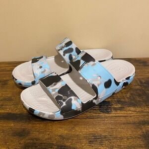 Crocs Classic Sandal Blue Black White Camo Two Strap Slides Mens 7 Womens 9